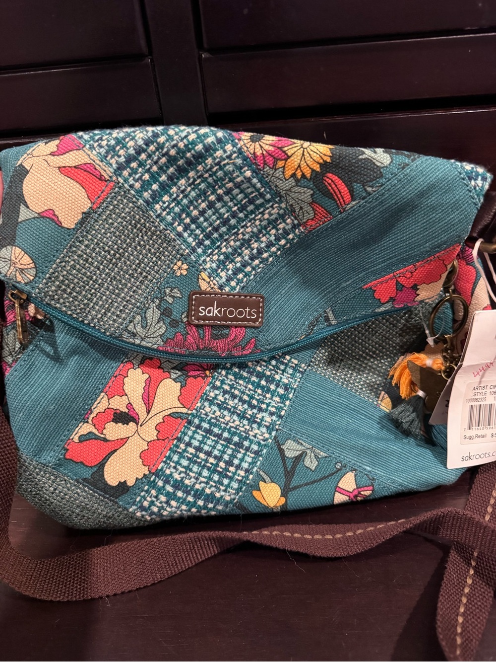 Sakroots Teal Floral Patchwork Crossbody Bag with Multicolor Accents
